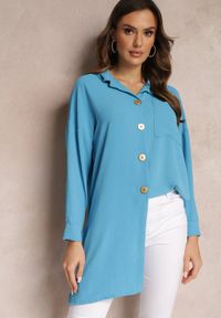 Renee - Niebieska Koszula Oversize o Długim Fasonie z Rozcięciami Tasine. Kolor: niebieski. Długość: długie #4