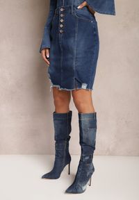 Renee - Niebieska Jeansowa Spódnica Mini z Guzikami Karandi. Kolor: niebieski. Materiał: jeans