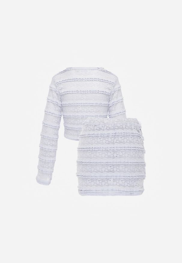 Renee - Niebieski Komplet z Koronki Bluzka Longsleeve i Dopasowane Spódnico-Szorty Daera. Kolor: niebieski. Materiał: koronka. Wzór: koronka