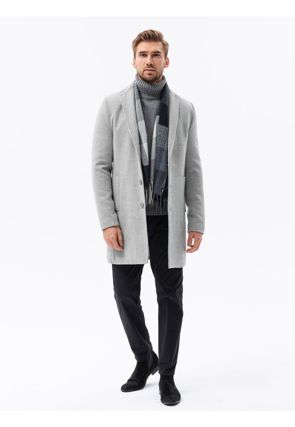 Ombre Clothing - Klasyczny płaszcz męski - szary V2. Kolor: szary. Materiał: poliester. Styl: klasyczny