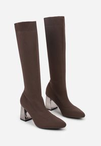 Renee - Brązowe Eleganckie Kozaki VICES na Metalicznym Obcasie ze Skarpetkową Cholewką Nalaina. Okazja: na co dzień. Kolor: brązowy. Materiał: skóra. Szerokość cholewki: normalna. Obcas: na obcasie. Styl: elegancki. Wysokość obcasa: średni #6