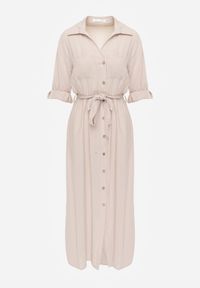 Born2be - Jasnobeżowa Bawełniana Sukienka Koszulowa w Stylu Safari z Wiązanym Paskiem Atusea. Okazja: na co dzień. Typ kołnierza: typu klepsydra. Kolor: beżowy. Materiał: bawełna. Typ sukienki: koszulowe. Styl: casual, elegancki #4