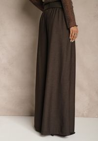 Renee - Brązowe Szerokie Garniturowe Spodnie z Bawełny High Waist Ozdobione Paskiem Tusneva. Okazja: na co dzień. Stan: podwyższony. Kolor: brązowy. Materiał: bawełna. Wzór: aplikacja. Styl: wizytowy, casual, elegancki #4