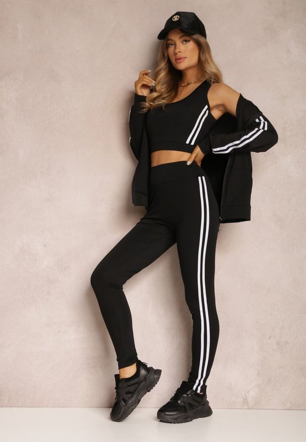 Renee - Czarny Komplet Dresowy 3-częściowy z Lampasami Fevina. Kolekcja: plus size. Kolor: czarny. Materiał: dresówka