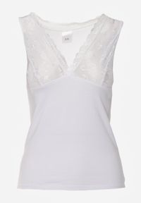 Born2be - Biały Bawełniany Top Bieliźniany z Siateczkową Górą z Koronką Bervisa. Kolor: biały. Materiał: bawełna, koronka. Wzór: koronka #5