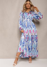 Renee - Niebieska Rozkloszowana Sukienka z Elastyczną Gumką w Talii w Stylu Boho Mizza. Kolor: niebieski. Materiał: tkanina. Styl: boho #1