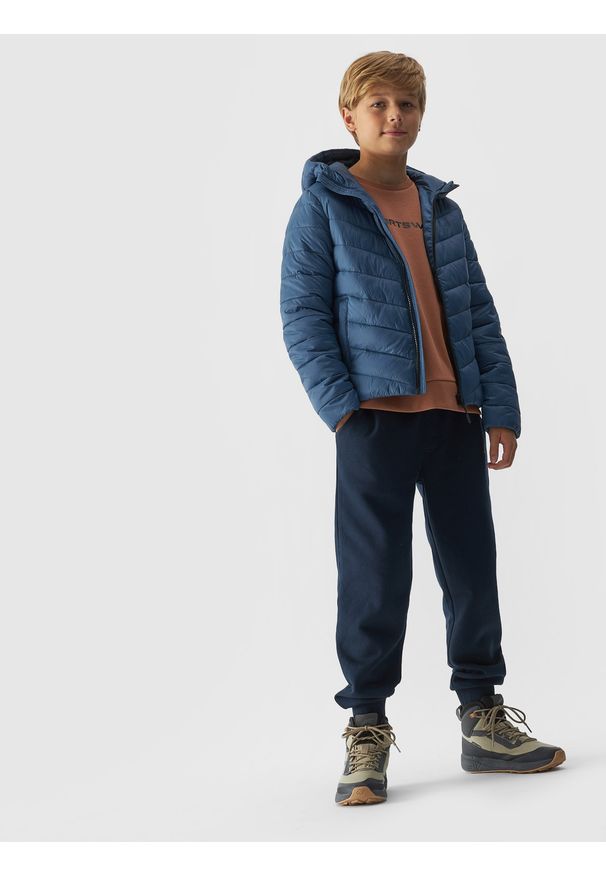 4f - 4F Kurtka puchowa z wypełnieniem syntetycznym chłopięca - niebieska 164 (13-14 lat). Okazja: na co dzień. Typ kołnierza: kołnierzyk stójkowy, kaptur. Kolor: niebieski. Materiał: puch, syntetyk. Długość: długie. Wzór: gładki, jodełka. Sezon: lato. Styl: casual, elegancki, sportowy, klasyczny
