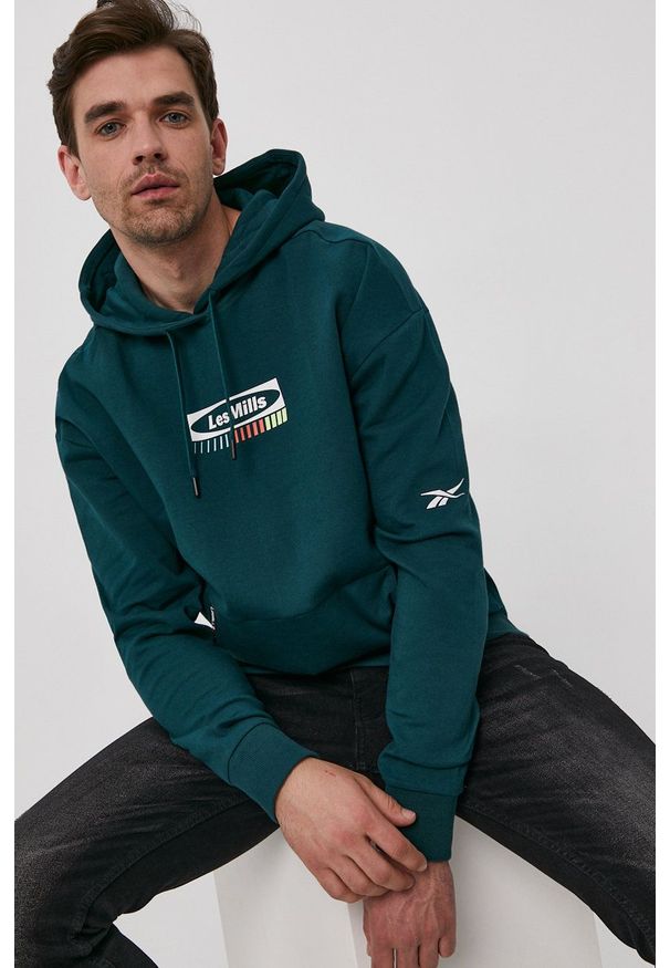 Reebok - Bluza. Kolor: zielony. Materiał: poliester, dzianina. Wzór: nadruk