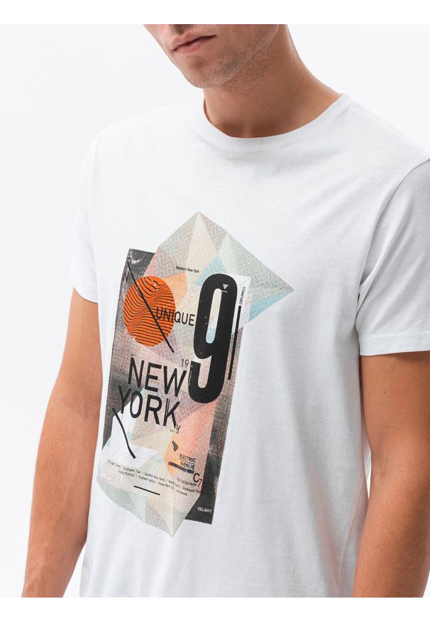Ombre Clothing - T-shirt męski z nadrukiem S1434 V-16A - biały - XXL. Kolor: biały. Materiał: bawełna. Wzór: nadruk. Styl: klasyczny
