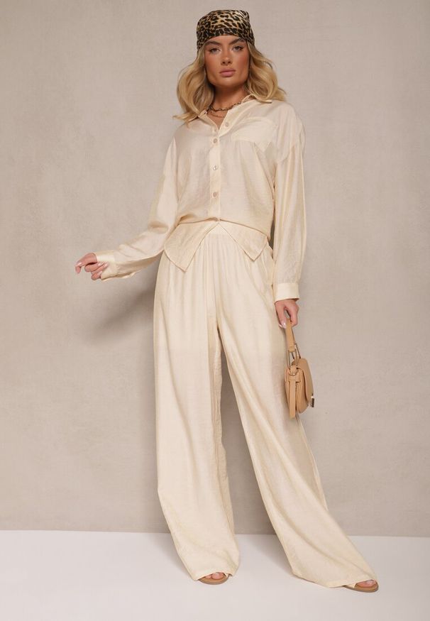 Renee - Jasnobeżowe Spodnie Palazzo High Waist z Szeroką Nogawką i Gumką w Talii Jenarielis. Okazja: na co dzień. Stan: podwyższony. Kolor: beżowy. Styl: casual