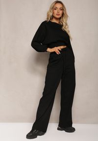 Renee - Czarny Bawełniany Komplet Bluza Krótka ze Ściągaczem i Szerokie Spodnie ze Sznurkiem w Pasie Rionnea. Kolor: czarny. Materiał: bawełna #1