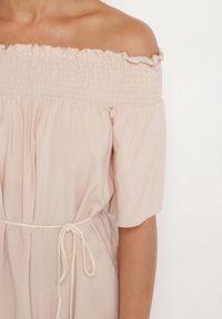 Born2be - Beżowa Sukienka z Wiskozą Bawełną Hiszpańskim Dekoltem i Sznurkiem Lilarenne. Okazja: na co dzień. Kolor: beżowy. Materiał: wiskoza, bawełna. Sezon: lato. Styl: casual, elegancki #2