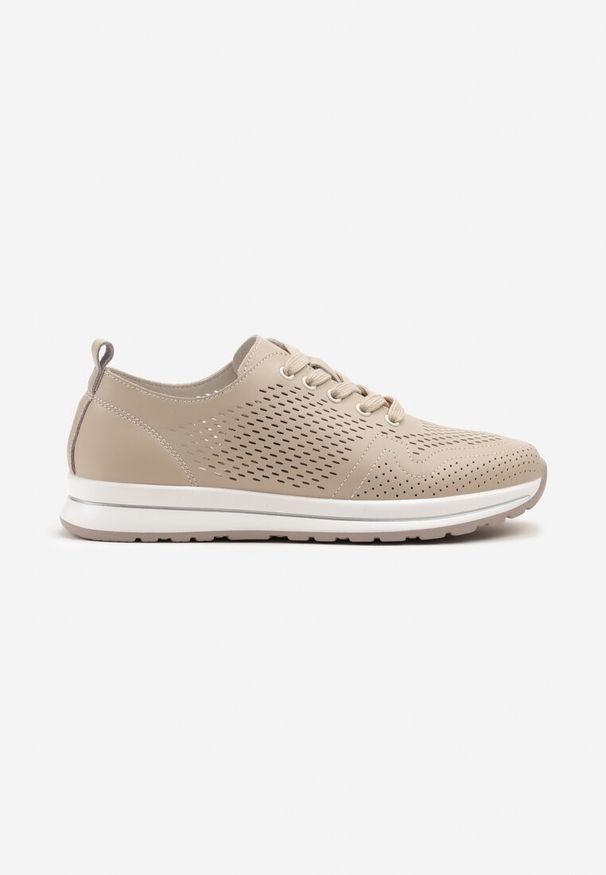 Born2be - Ciemnobeżowe Skórzane Sneakersy Ozdobione Perforacją Odrelia. Okazja: na co dzień. Kolor: beżowy. Materiał: skóra. Wzór: aplikacja. Obcas: na płaskiej podeszwie