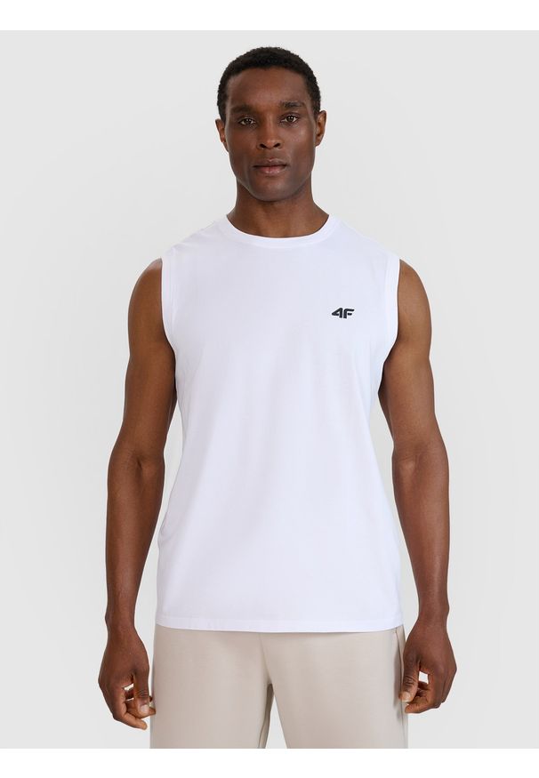 4f - 4F Tank top regular gładki męski - biały XXL. Kolor: biały. Materiał: dzianina, jersey, bawełna. Długość rękawa: na ramiączkach. Wzór: gładki