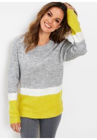 Sweter bonprix żółto-zielono-biel wełny - jasnoszary melanż w paski. Kolor: żółty. Materiał: poliester, elastan, poliamid, materiał, akryl. Wzór: melanż, paski #3