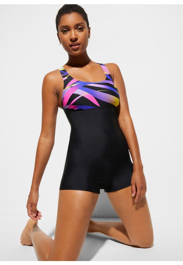 bonprix - Sportowy kostium kąpielowy z szybkoschnącego materiału. Kolor: czarny. Materiał: materiał