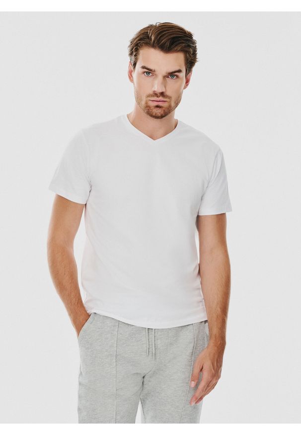 Pako Lorente - PAKO LORENTE – Biały gładki t-shirt v-neck. Kolor: niebieski, biały, czarny. Materiał: bawełna, elastan. Wzór: gładki