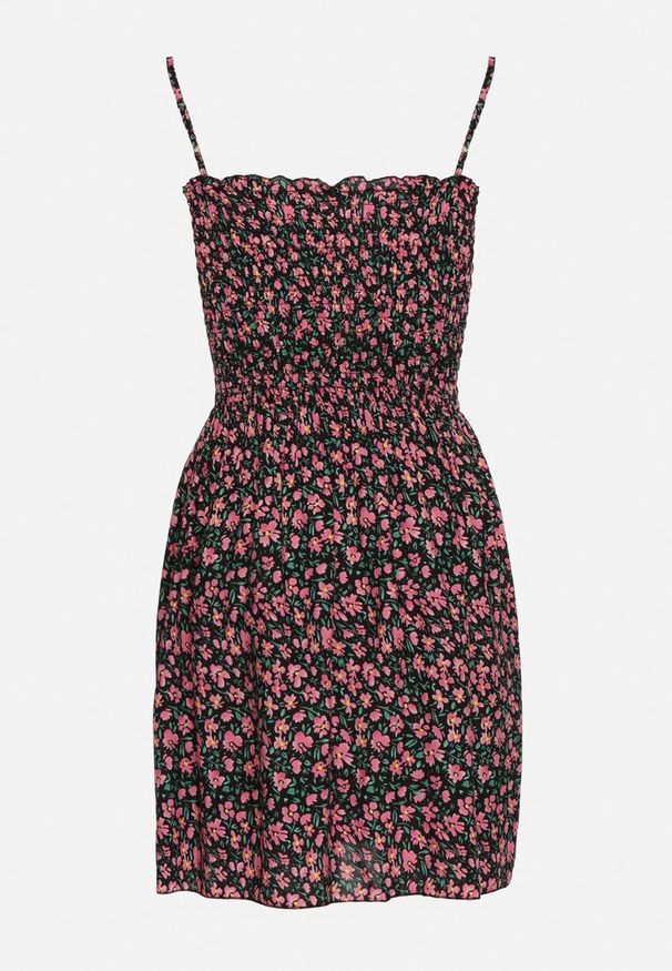 Born2be - Czarno-Różowa Sukienka Bawełniana na Ramiączkach z Gumką w Pasie Tessaray. Okazja: na co dzień. Typ kołnierza: dekolt kwadratowy. Kolor: czarny. Materiał: bawełna. Długość rękawa: na ramiączkach. Sezon: lato. Styl: casual, elegancki, wizytowy