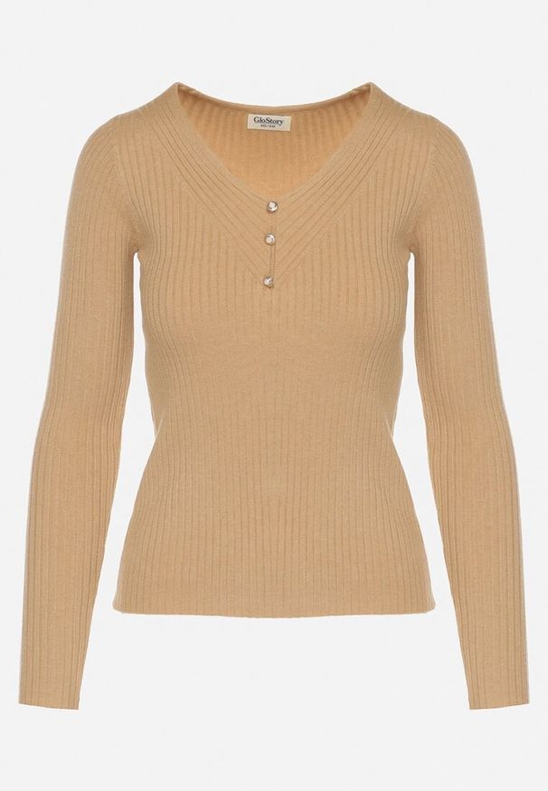 Born2be - Ciemnobeżowy Prążkowany Sweter z Dekoltem w Serek z Biżuteryjnymi Aplikacjami Ralinasa. Okazja: na co dzień. Typ kołnierza: dekolt w serek. Kolor: beżowy. Materiał: prążkowany. Wzór: aplikacja. Styl: casual