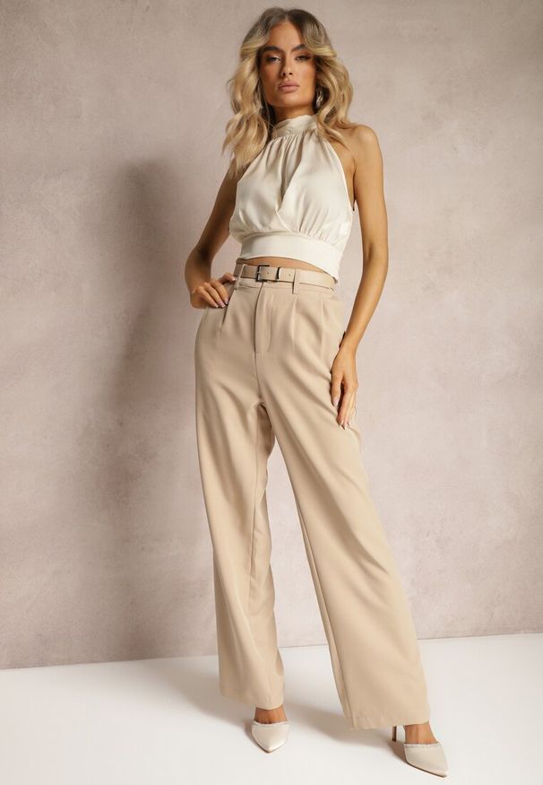 Renee - Beżowe Garniturowe Spodnie High Waist z Gumką w Talii Oziara. Okazja: na co dzień. Stan: podwyższony. Kolor: beżowy. Długość: długie. Styl: casual, elegancki