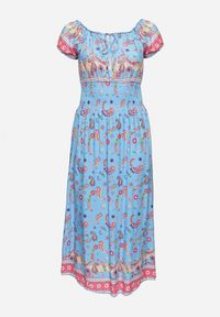 Born2be - Niebieska Sukienka na Lato Bawełniana Hiszpanka z Wzorem Paisley i Gumką w Pasie Vediana. Typ kołnierza: dekolt hiszpanka. Kolor: niebieski. Materiał: bawełna. Wzór: paisley. Sezon: lato #6