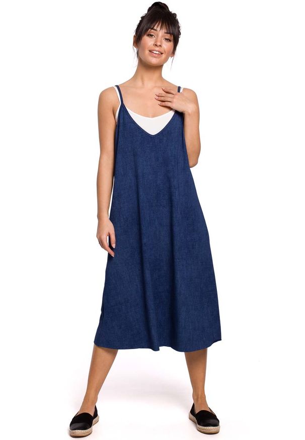 MOE - Bawełniana Sukienka na Ramiączkach - Denim. Materiał: denim, bawełna. Długość rękawa: na ramiączkach