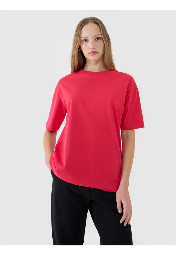 4f - 4F T-shirt oversize gładki damski - różowy L. Okazja: na co dzień. Kolor: różowy. Materiał: bawełna, jersey, dzianina. Długość rękawa: krótki rękaw. Długość: krótkie. Wzór: gładki. Styl: klasyczny, sportowy, casual