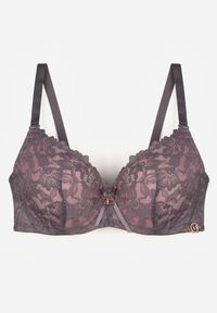 Renee - Szaro-Różowy Biustonosz Ozdobiony Koronką i Kokardką Aqiany. Kolor: szary. Materiał: koronka. Wzór: koronka, aplikacja #3