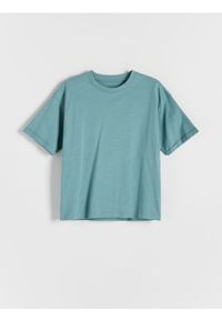 Reserved - T-shirt oversize z nadrukiem - morski. Kolor: morski. Materiał: dzianina, bawełna. Wzór: nadruk