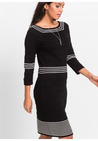 bonprix - Sukienka dzianinowa z miękkiej mieszanki wiskozy. Typ kołnierza: typu carmen. Kolor: czarny. Materiał: dzianina, wiskoza. Wzór: paski #3