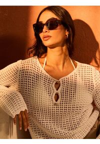 Sinsay - Ażurowy sweter z bawełny - kremowy. Kolor: kremowy. Materiał: bawełna. Wzór: ażurowy #1