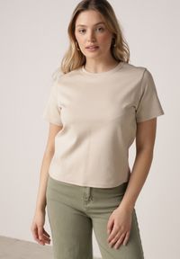 Born2be - Beżowy Bawełniany T-shirt w Klasycznym Stylu Hetita. Okazja: na co dzień. Kolor: beżowy. Materiał: bawełna. Wzór: haft. Styl: klasyczny #6