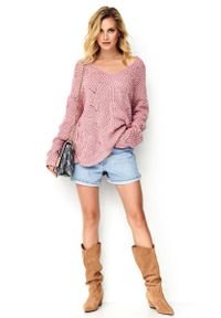 Makadamia - Ażurowy Sweter Oversize z Dekoltem V - Różowy. Kolor: różowy. Materiał: akryl. Wzór: ażurowy #1