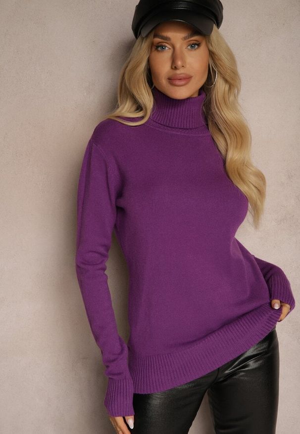 Renee - Ciemnofioletowy Golf Sweter o Dopasowanym Kroju z Kaszmirem Zairith. Okazja: na spotkanie biznesowe, do pracy, na co dzień, na spacer. Typ kołnierza: golf. Kolor: fioletowy. Materiał: kaszmir. Wzór: aplikacja. Styl: klasyczny, biznesowy, casual, elegancki