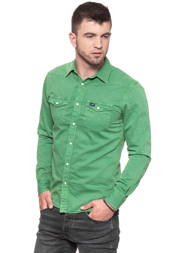 Wrangler - KOSZULA WRANGLER WESTERN SHIRT FAIRWAY GREEN W5965MV1Q. Materiał: jeans. Styl: elegancki