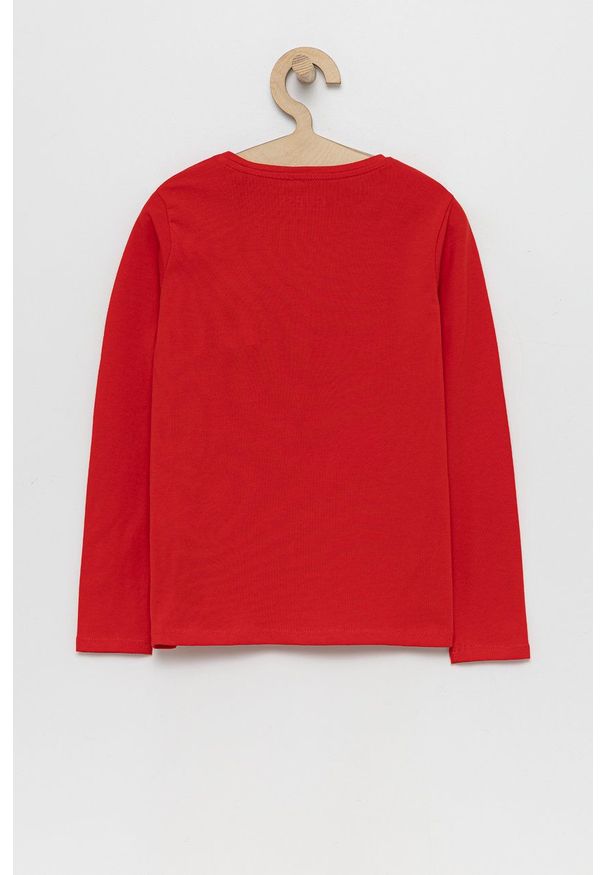 Guess Longsleeve dziecięcy kolor czerwony. Okazja: na co dzień. Kolor: czerwony. Materiał: dzianina, bawełna. Długość rękawa: długi rękaw. Długość: długie. Wzór: nadruk. Styl: casual
