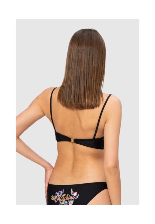 MOSCHINO Czarna góra od bikini z kwiecistym logo. Kolor: czarny. Wzór: kwiaty, nadruk