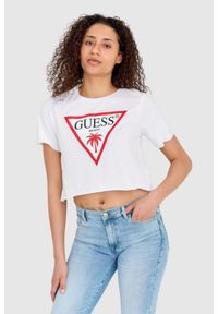 Guess - GUESS Biały krótki t-shirt damski z surowym wykończeniem boxy fit. Kolor: biały. Materiał: bawełna. Długość: krótkie #4