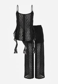 Born2be - Czarny Rustykalny Komplet z Koronką i Falbankami Top i Szerokie Spodnie Pretissa. Kolor: czarny. Materiał: koronka. Wzór: koronka #4
