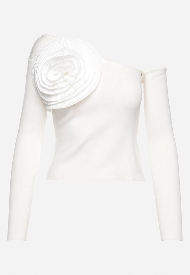 Born2be - Biała Asymetryczna Bluzka na Jedno Ramię z Aplikacją w Kształcie Kwiatu Liesara. Okazja: na co dzień. Kolor: biały. Materiał: jeans. Wzór: aplikacja, kwiaty. Styl: wizytowy, casual