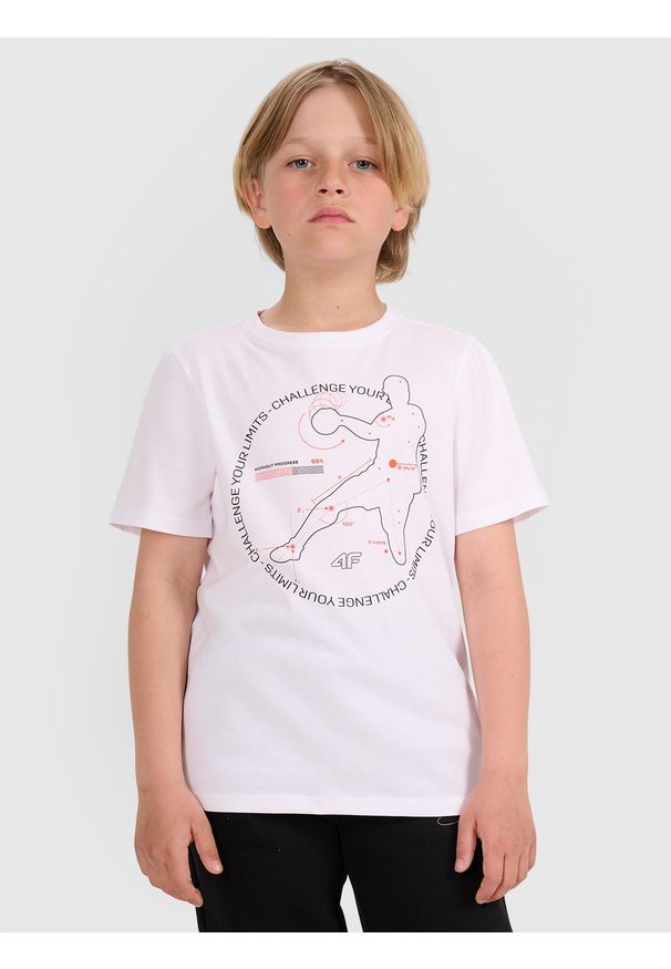 4f - 4F T-shirt regular z nadrukiem chłopięcy - biały 146 (10-11 lat). Okazja: na co dzień. Kolor: biały. Materiał: jersey, bawełna, materiał. Długość rękawa: krótki rękaw. Długość: krótkie. Wzór: nadruk. Sezon: lato. Styl: casual, klasyczny, sportowy