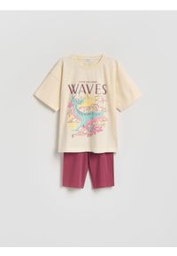 Reserved - Bawełniany komplet z nadrukiem - beżowy. Kolor: beżowy. Materiał: bawełna. Wzór: nadruk