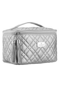 Pikowana kosmetyczka z tkaniny syntetycznej w srebrnym kolorze zamykana suwakiem - Peterson. Kolor: srebrny. Materiał: tkanina, syntetyk #1
