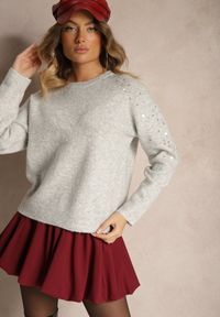 Renee - Szary Sweter z Bawełną i Cekinami Ceala. Okazja: na co dzień, na imprezę. Kolor: szary. Materiał: bawełna. Wzór: aplikacja. Styl: casual, elegancki #4