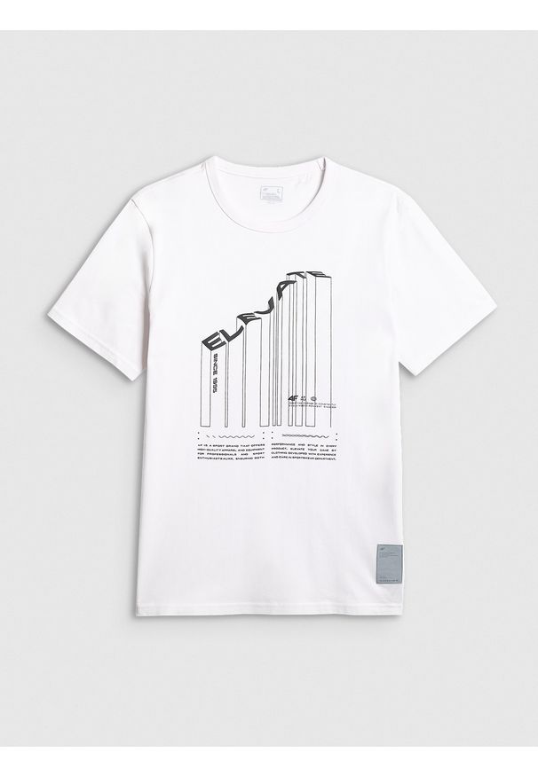 4f - 4F T-shirt regular z nadrukiem męski - biały S. Okazja: do pracy, na spacer, na co dzień. Kolor: biały. Materiał: dzianina, bawełna, materiał. Wzór: nadruk. Styl: casual, klasyczny