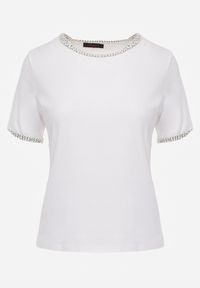 Renee - Biały Gładki T-shirt Bawełniany z Ozdobnymi Lamówkami z Warkoczowego Splotu Thalia. Kolor: biały. Materiał: bawełna. Wzór: gładki, ze splotem #5
