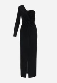 Born2be - Czarna Metaliczna Sukienka Maxi o Asymetrycznym Fasonie z Kopertowym Dekoltem Ozelbia. Kolor: czarny. Materiał: materiał. Długość rękawa: długi rękaw. Typ sukienki: kopertowe, asymetryczne. Długość: maxi #2