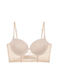 Intica - Biustonosz usztywniany z koronką i dekoltem na plecach Beniamina. Kolor: beżowy. Materiał: koronka. Wzór: koronka