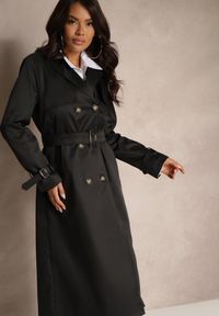 Renee - Czarny Płaszcz w Stylu Trencza z Paskiem i Klamrą Sinthelle. Okazja: na co dzień, do pracy. Kolor: czarny. Styl: elegancki, casual