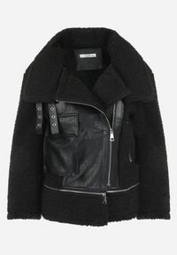 Born2be - Czarna Kurtka Biker z Imitacji Skóry i Kożuszka Zadesy. Okazja: na co dzień. Kolor: czarny. Materiał: skóra. Wzór: aplikacja. Styl: klasyczny, casual, elegancki #6